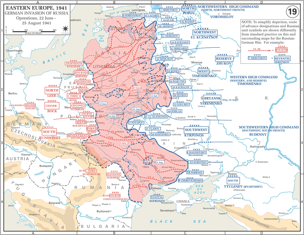 กองทัพเยอรมัน (พื้นที่สีแดง) พยายามโอบล้อมกองทัพโซเวียต (พื้นที่สีขาว) บริเวณเคียฟและเมืองรอบๆ